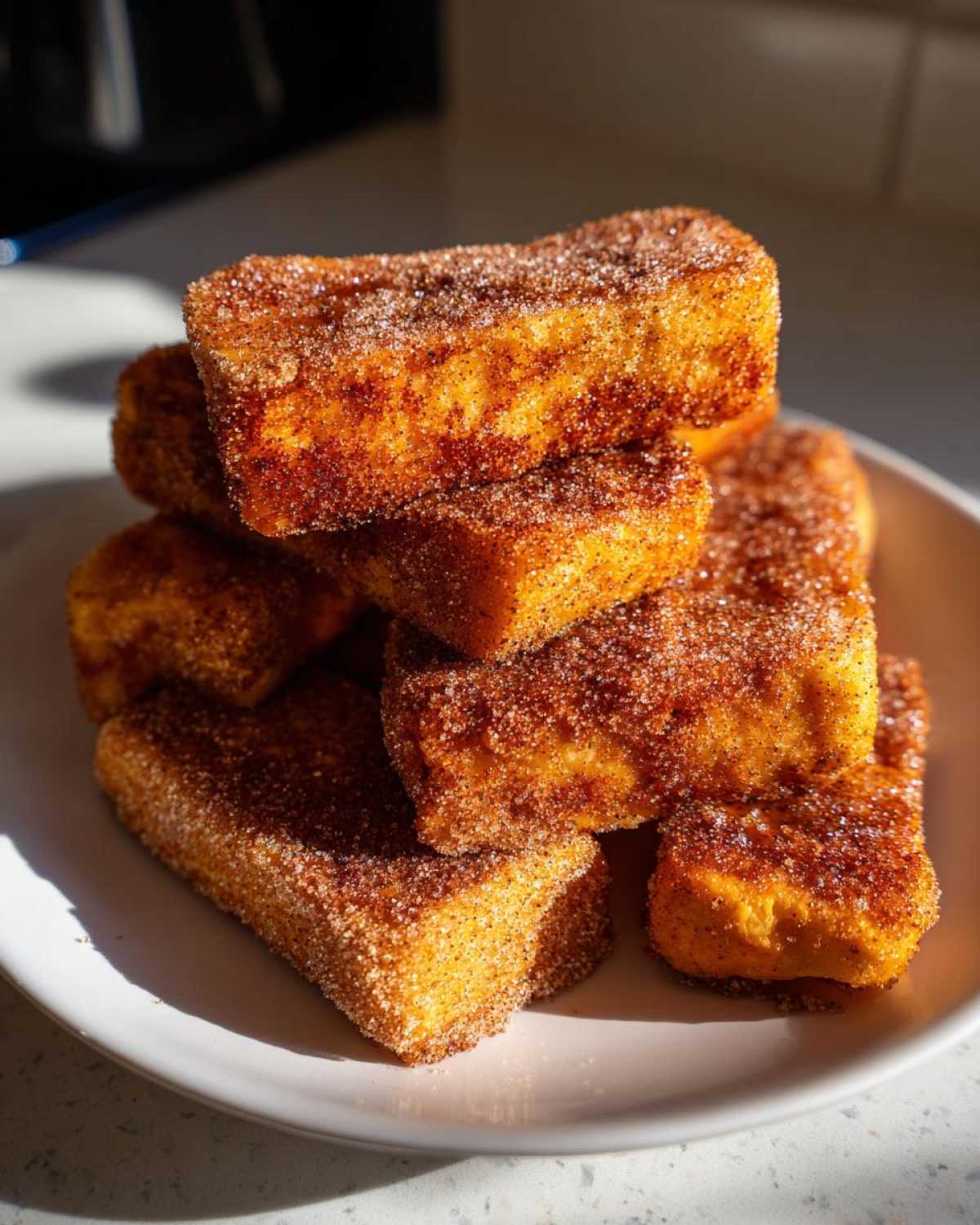 A stack of golden brown Air Fryer French Toast Sticks generously coated in cinnamon sugar on a white plate.