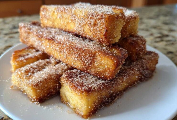 A stack of golden Air Fryer French Toast Sticks generously coated in cinnamon sugar on a white plate.