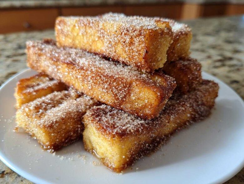 A stack of golden Air Fryer French Toast Sticks generously coated in cinnamon sugar on a white plate.