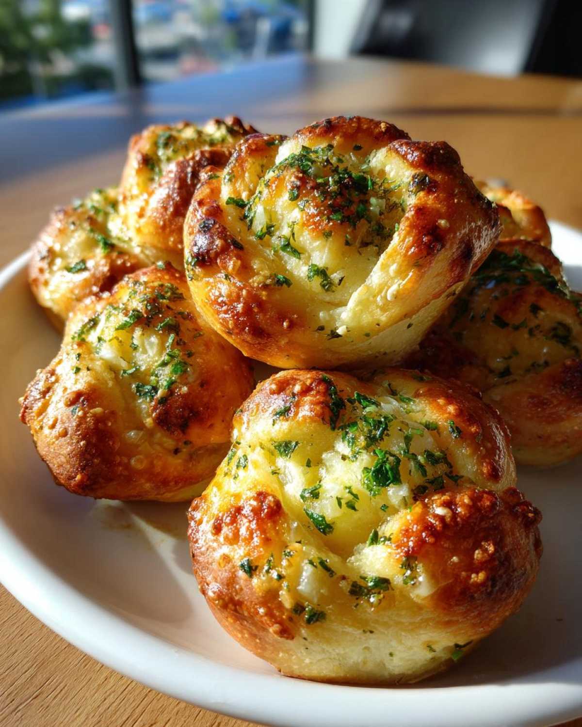 A close-up of several golden brown Air Fryer Garlic Knots piled on a white plate, glistening with butter and topped with fresh parsley.
