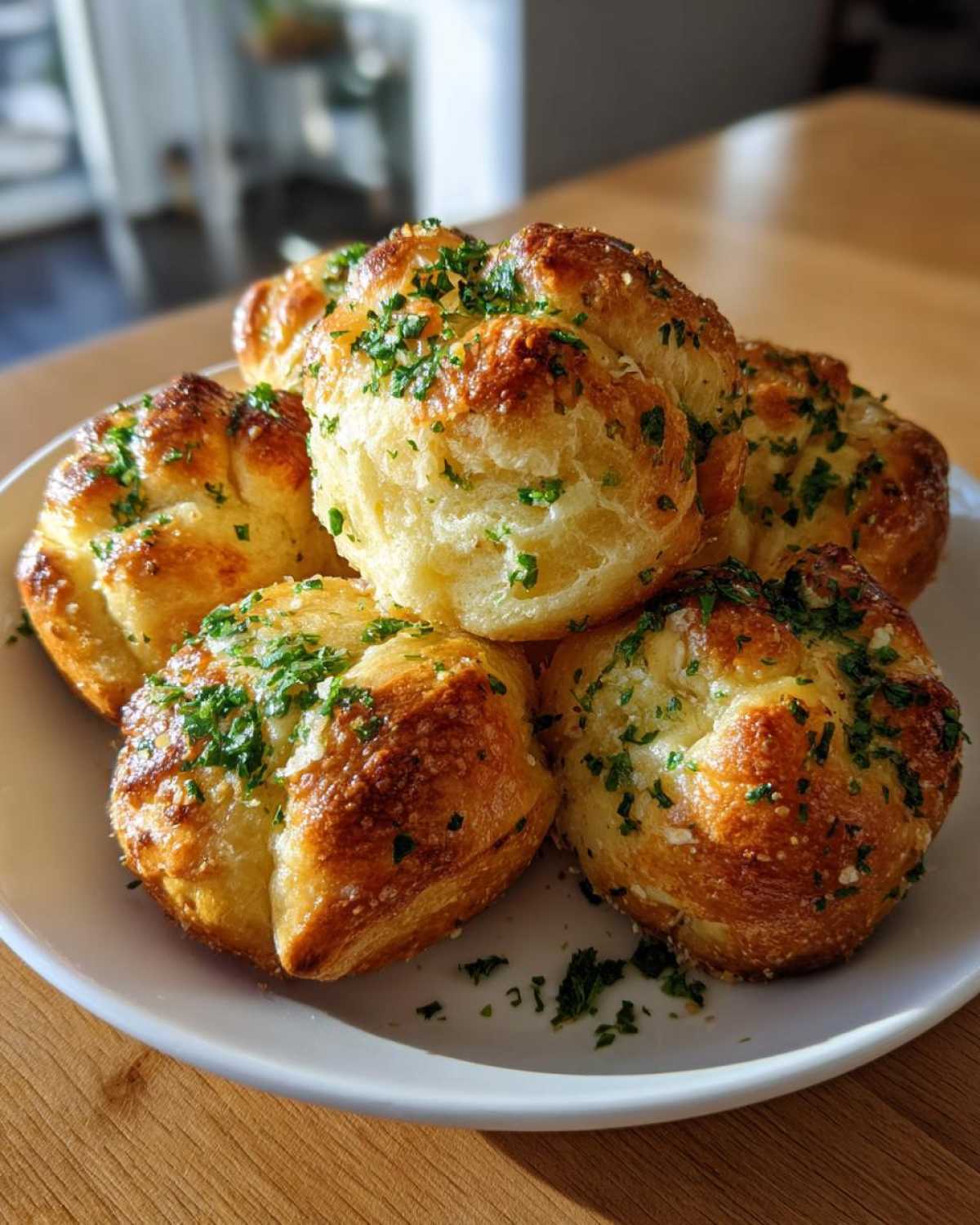A stack of golden brown Air Fryer Garlic Knots topped with melted butter, garlic, and fresh chopped parsley.