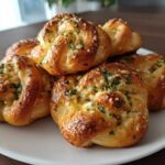 A stack of golden brown Air Fryer Garlic Knots topped with minced garlic and fresh parsley on a white plate.