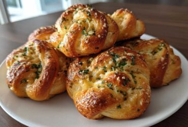 A stack of golden brown Air Fryer Garlic Knots topped with minced garlic and fresh parsley on a white plate.