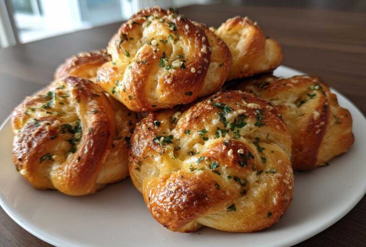 A stack of golden brown Air Fryer Garlic Knots topped with minced garlic and fresh parsley on a white plate.