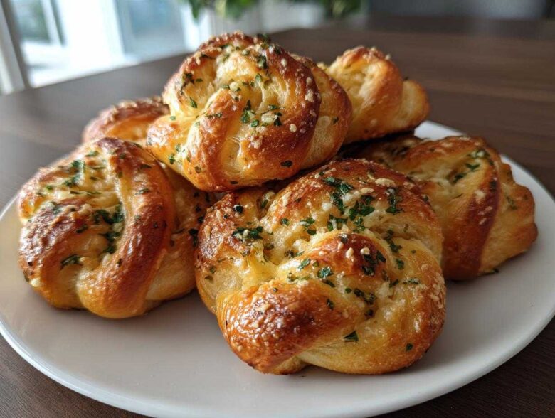 A stack of golden brown Air Fryer Garlic Knots topped with minced garlic and fresh parsley on a white plate.