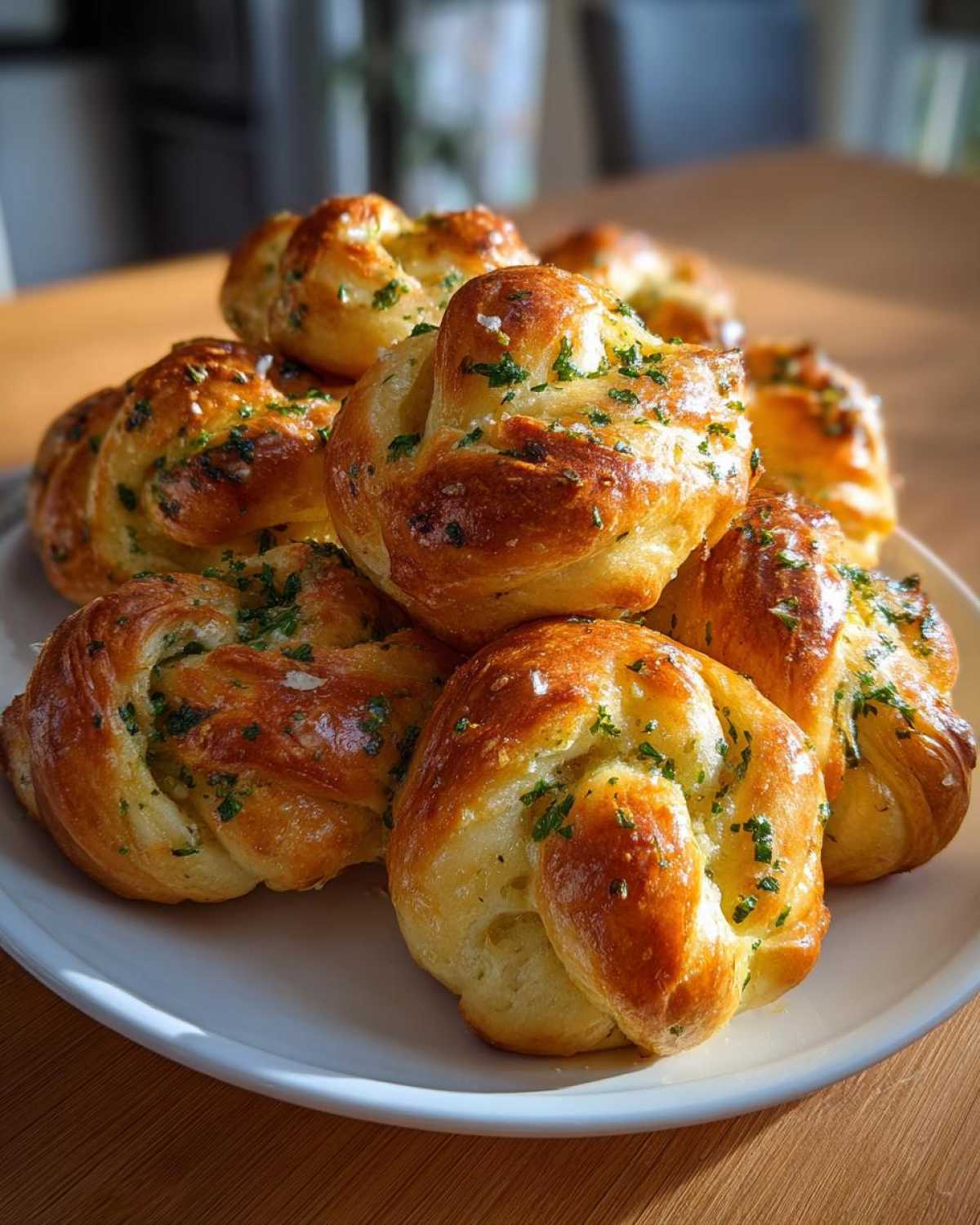 A pile of golden brown Air Fryer Garlic Knots brushed with butter and topped with fresh green parsley.