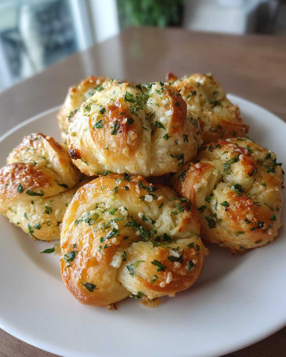 A close-up of several golden brown Air Fryer Garlic Knots piled on a white plate, glistening with butter and topped with minced garlic and fresh parsley.