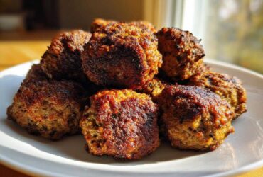 A close-up of several golden-brown, crispy Air Fryer Italian Meatballs piled high on a white plate.