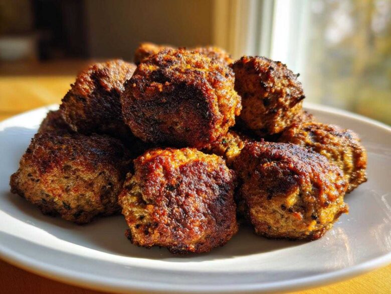 A close-up of several golden-brown, crispy Air Fryer Italian Meatballs piled high on a white plate.