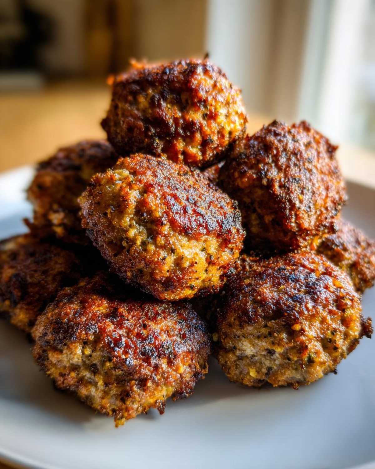 A close-up stack of golden-brown, perfectly cooked Air Fryer Italian Meatballs on a white plate.