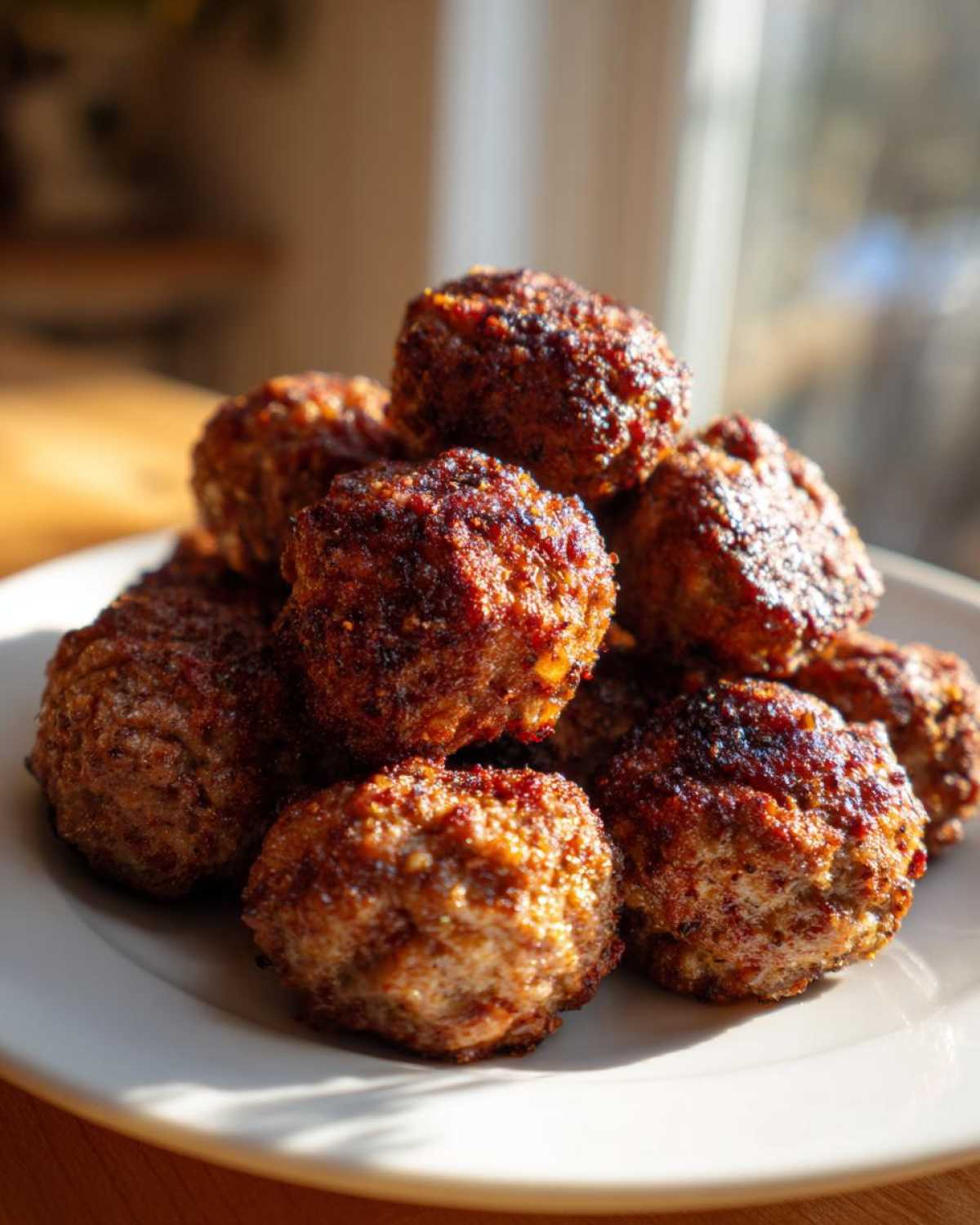 A close-up stack of perfectly browned Air Fryer Italian Meatballs resting on a white plate, highlighted by natural sunlight.