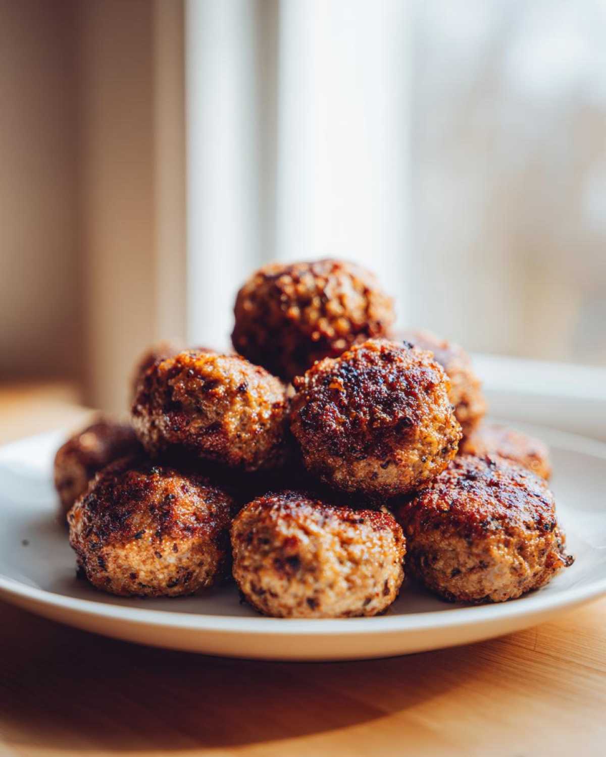 A stack of golden-brown, crispy Air Fryer Italian Meatballs piled high on a white plate.