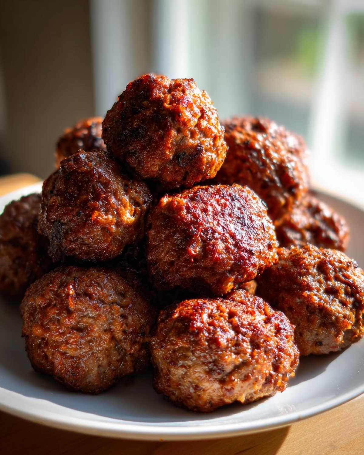 A pile of deeply browned, crispy Air Fryer Italian Meatballs stacked high on a white plate.