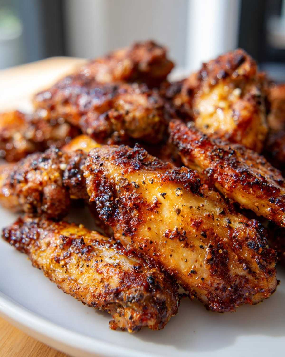 Close-up of crispy, seasoned Air Fryer Lemon Pepper Wings piled on a white plate.