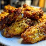 Close-up of crispy, golden Air Fryer Lemon Pepper Wings seasoned with black pepper, piled on a white plate.