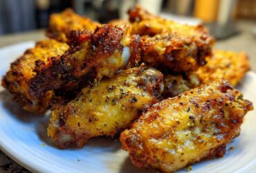Close-up of crispy, golden Air Fryer Lemon Pepper Wings seasoned with black pepper, piled on a white plate.