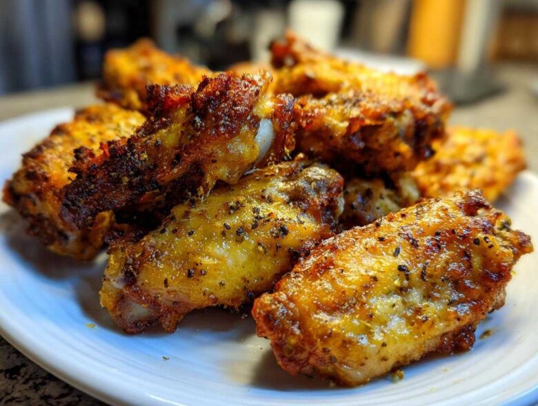 Close-up of crispy, golden Air Fryer Lemon Pepper Wings seasoned with black pepper, piled on a white plate.