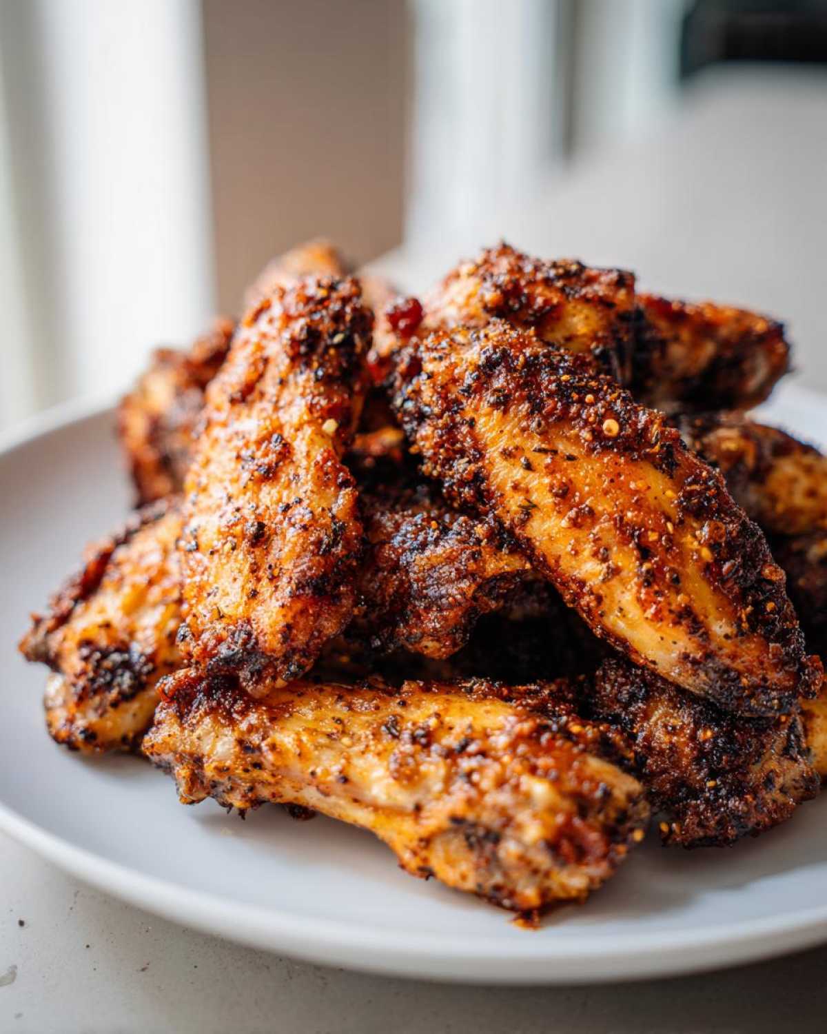 A close-up pile of crispy, seasoned Air Fryer Lemon Pepper Wings stacked on a white plate.