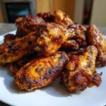 A close-up pile of perfectly cooked, crispy Air Fryer Lemon Pepper Wings on a white plate.