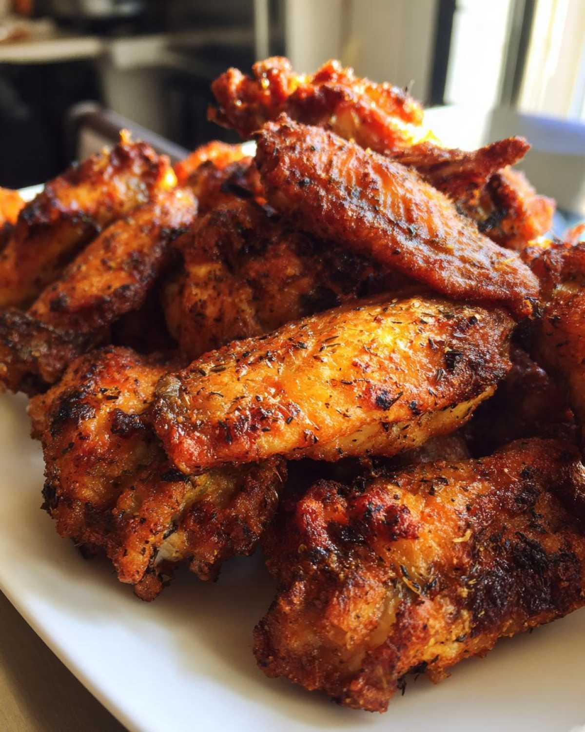 Close-up of a pile of perfectly cooked Air Fryer Lemon Pepper Wings, seasoned with herbs and spices, on a white plate.