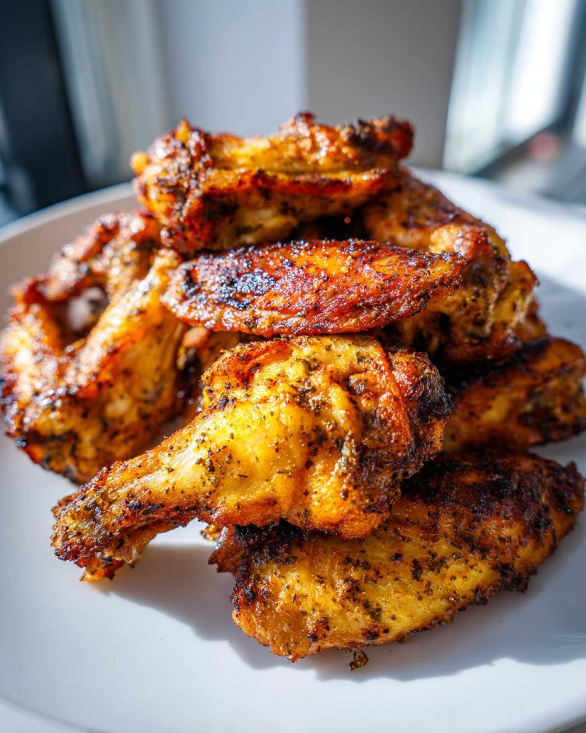 A close-up stack of crispy, golden Air Fryer Lemon Pepper Wings seasoned with visible black pepper and herbs.