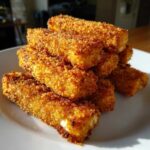 A close-up stack of crispy, golden brown Air Fryer Mozzarella Sticks on a white plate, catching bright sunlight.