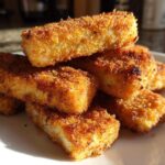 A close-up stack of crispy, golden brown Air Fryer Mozzarella Sticks resting on a white plate.