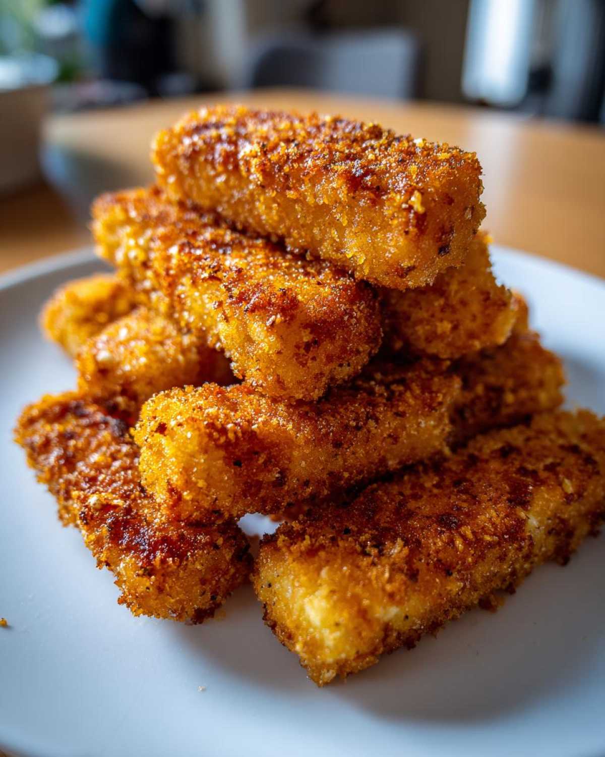 A close-up stack of crispy, golden brown Air Fryer Mozzarella Sticks piled high on a white plate.