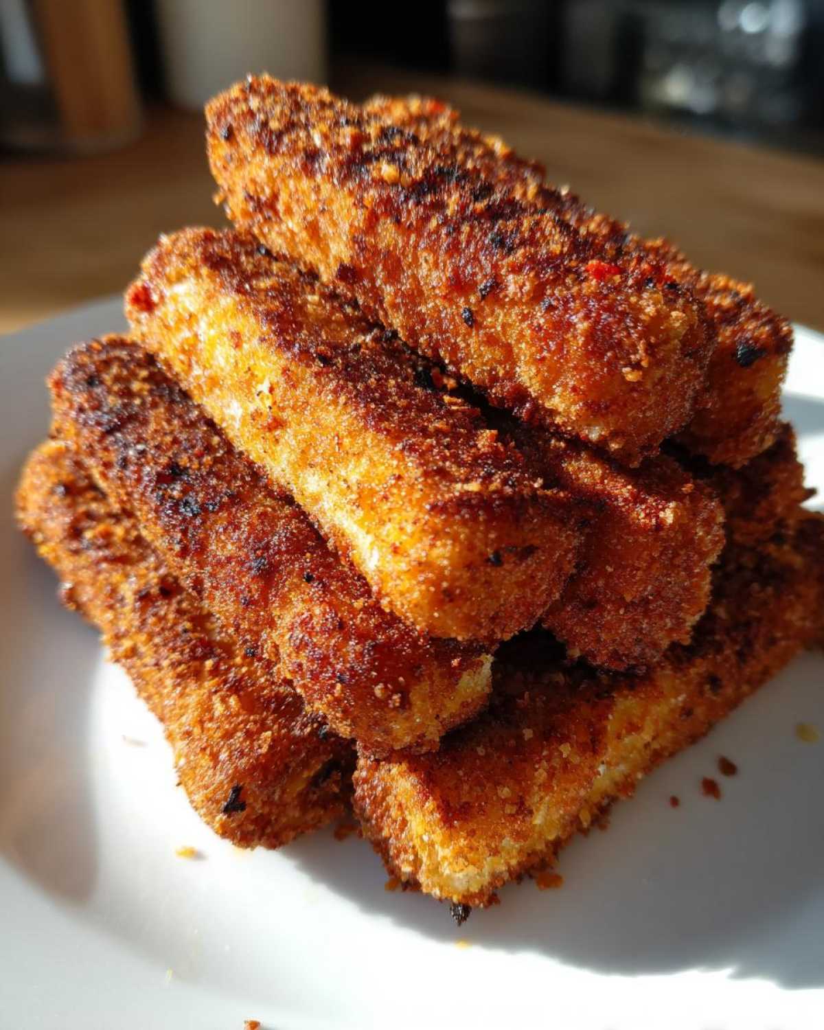 A close-up stack of golden brown, crispy Air Fryer Mozzarella Sticks seasoned with spices on a white plate.