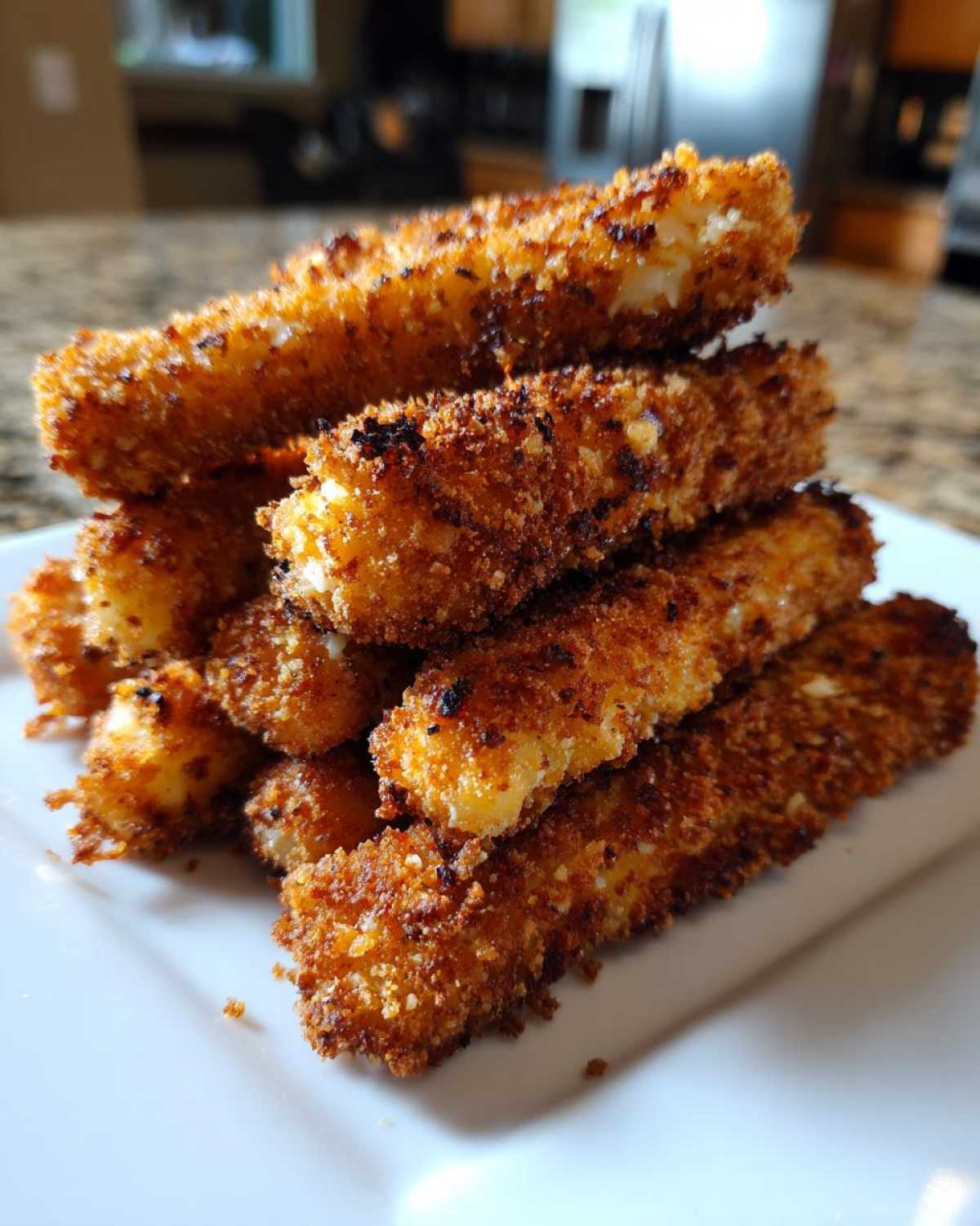 A stack of golden brown, crispy Air Fryer Mozzarella Sticks piled high on a white square plate.