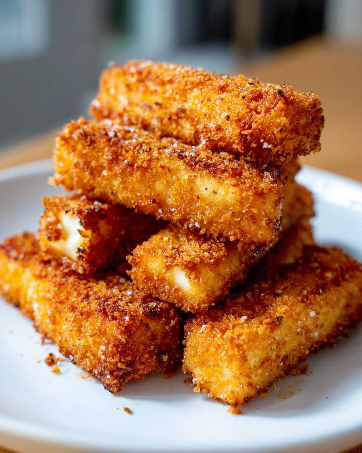 A close-up stack of crispy, golden Air Fryer Mozzarella Sticks sprinkled with salt on a white plate.