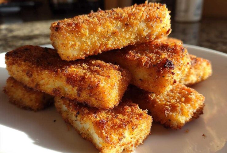 A close-up stack of crispy, golden brown Air Fryer Mozzarella Sticks resting on a white plate.