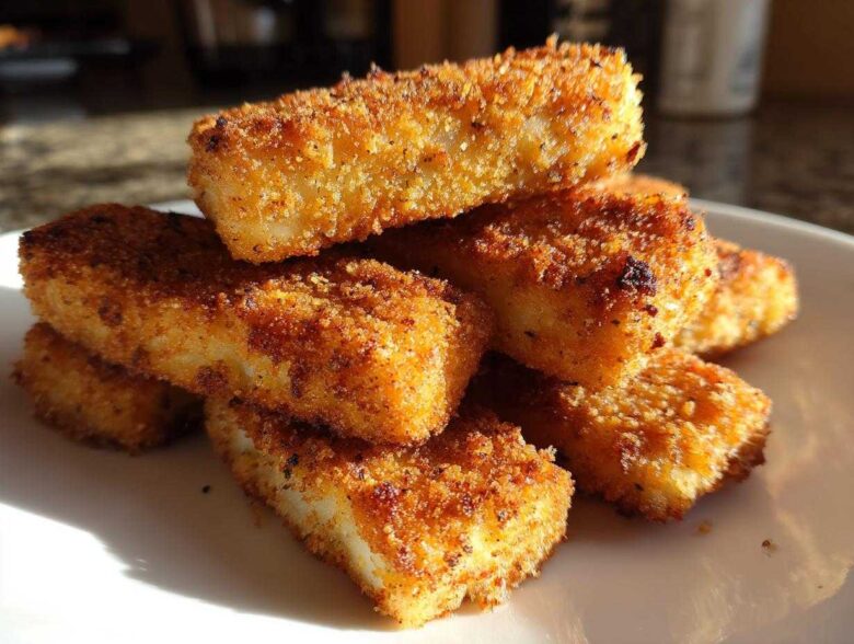 A close-up stack of crispy, golden brown Air Fryer Mozzarella Sticks resting on a white plate.
