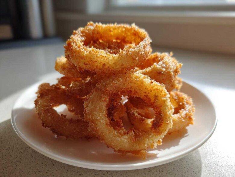A close-up of crispy, golden Air Fryer Onion Rings stacked high on a small white plate.