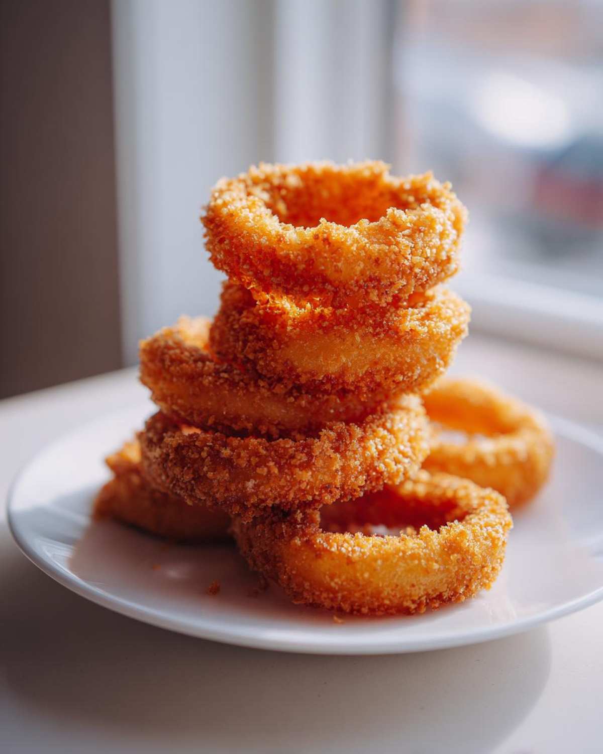 A close-up stack of golden brown, crispy Air Fryer Onion Rings piled on a white plate near a window.