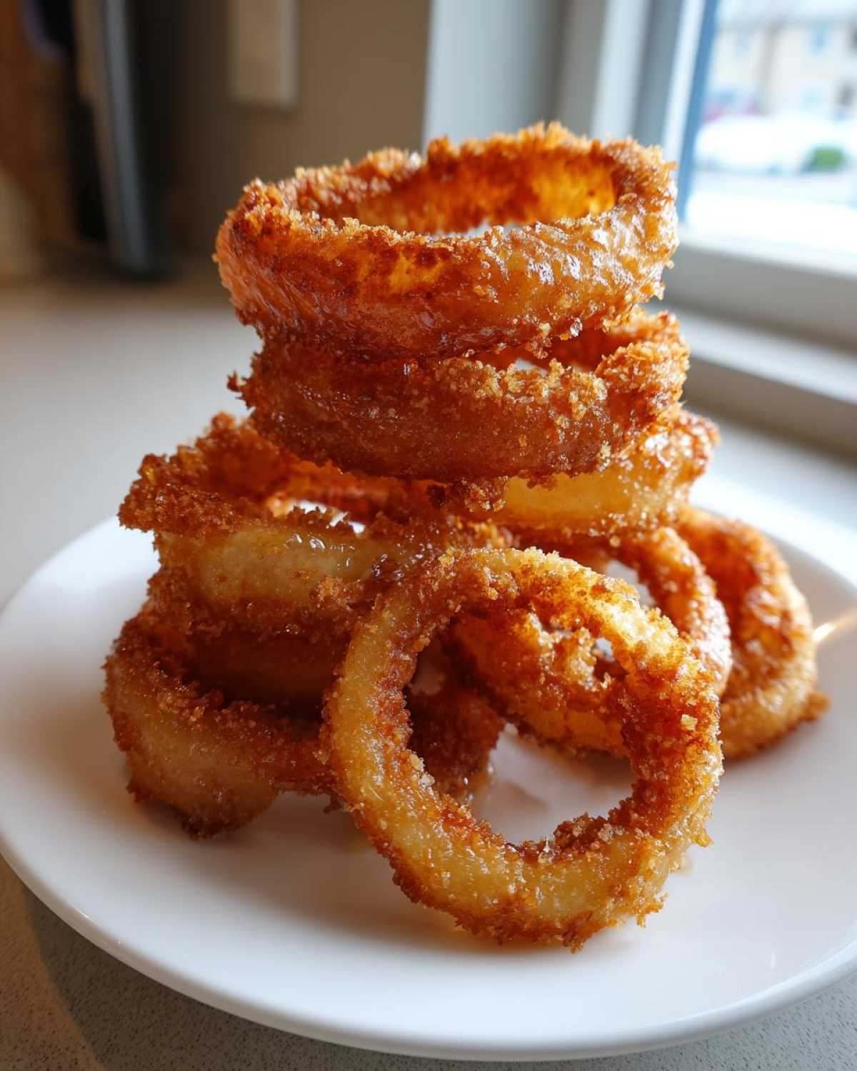 A stack of golden brown, crispy Air Fryer Onion Rings piled high on a white plate.
