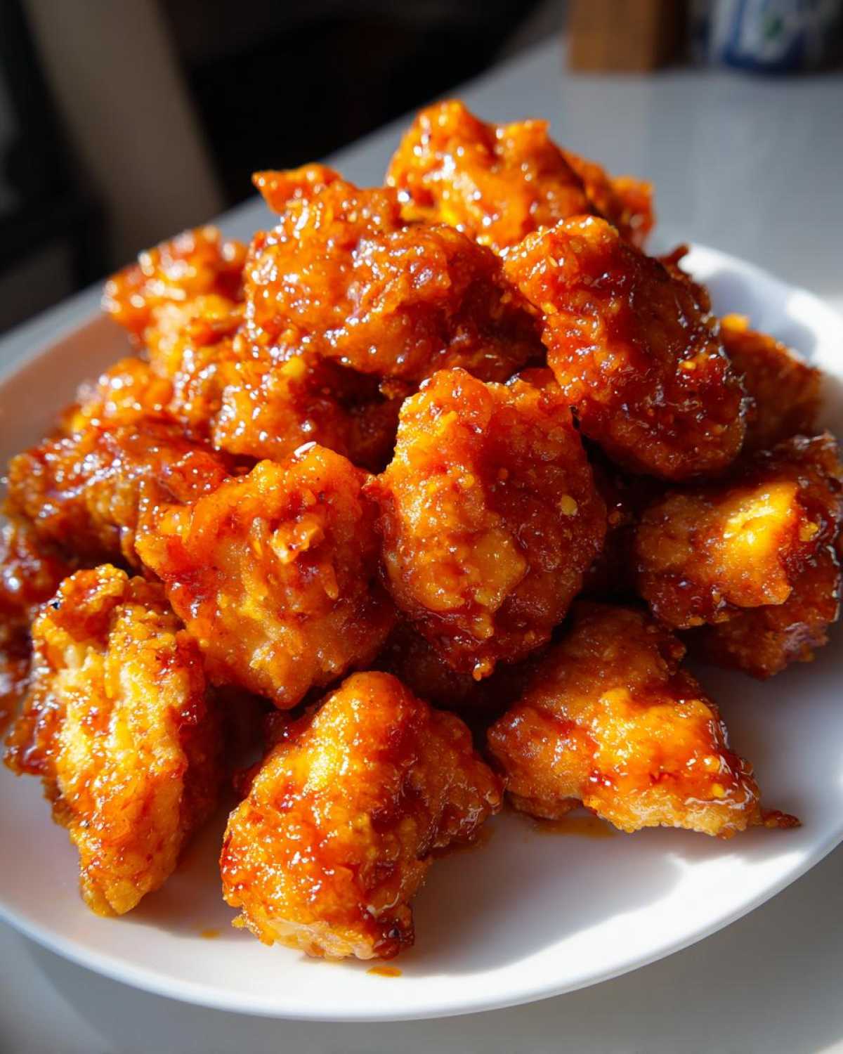 Close-up of crispy, saucy pieces of Air Fryer Orange Chicken piled high on a white plate.