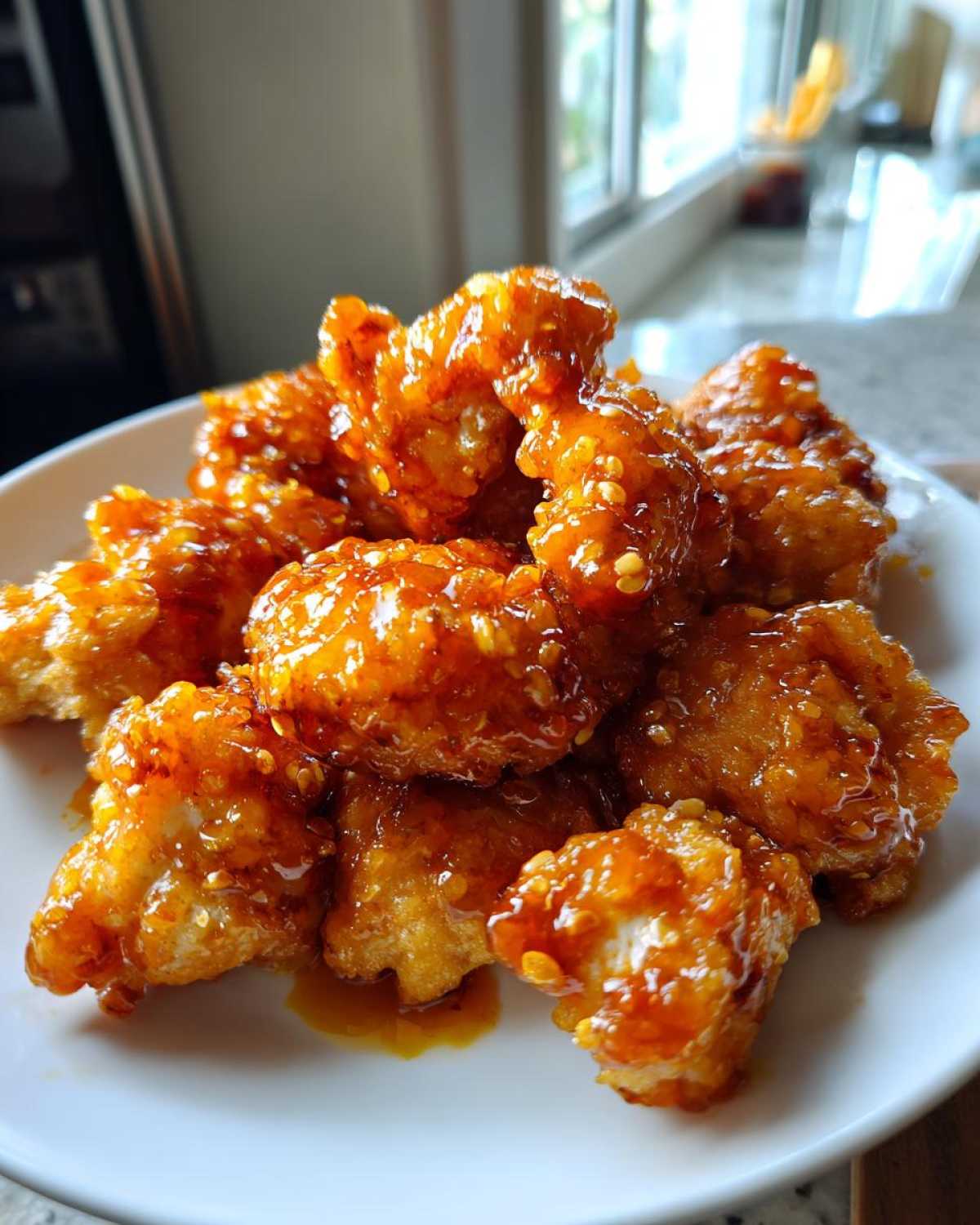 A pile of crispy, glazed pieces of Air Fryer Orange Chicken coated in a sticky, sweet orange sauce with sesame seeds.