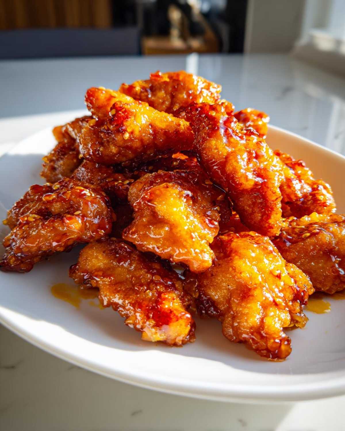 A close-up of crispy, glazed pieces of Air Fryer Orange Chicken piled high on a white plate.