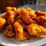 Close-up of crispy, glazed pieces of Air Fryer Orange Chicken piled on a white plate.