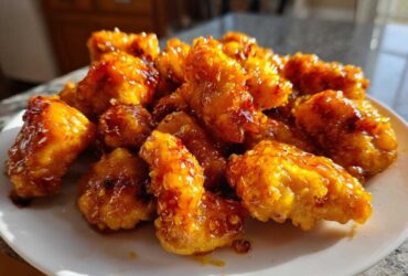 Close-up of crispy, glazed pieces of Air Fryer Orange Chicken piled on a white plate.