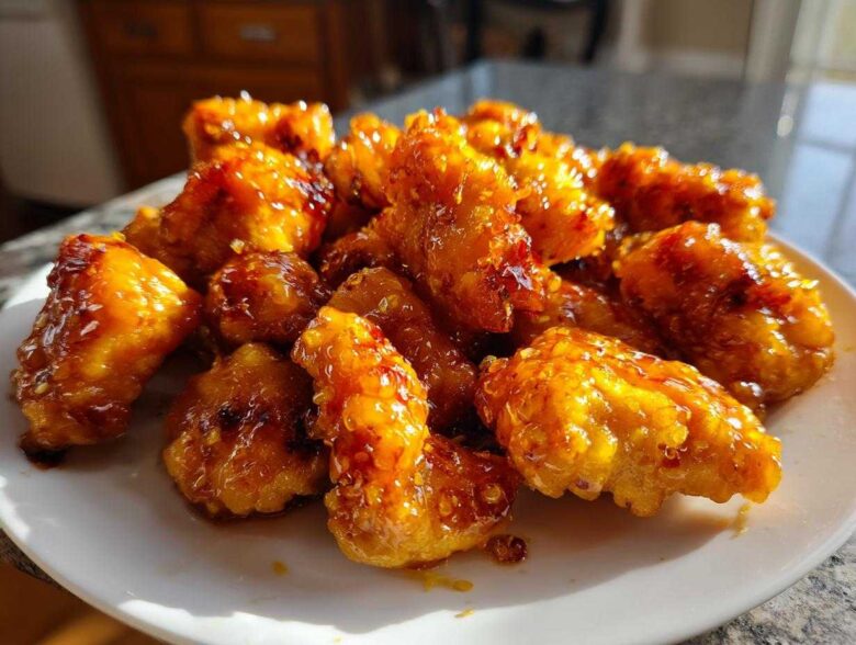 Close-up of crispy, glazed pieces of Air Fryer Orange Chicken piled on a white plate.