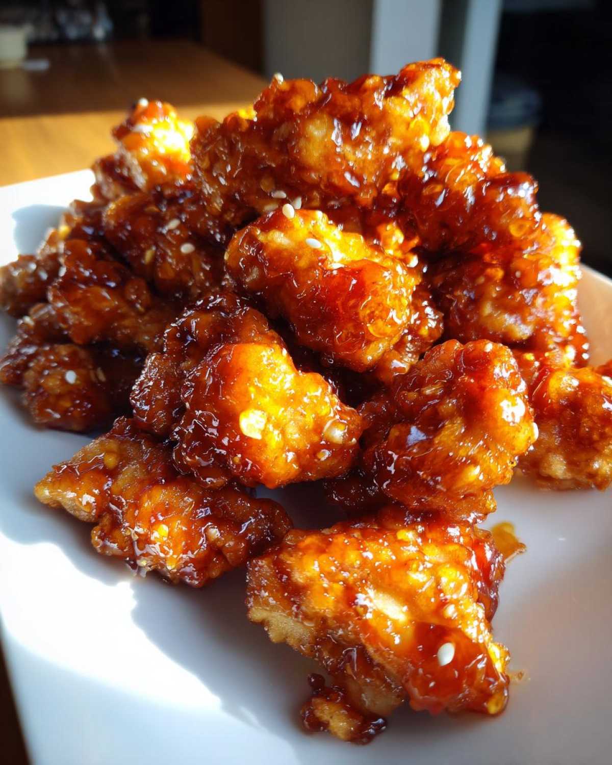 Close-up of crispy, glazed pieces of Air Fryer Orange Chicken piled high on a white plate, sprinkled with sesame seeds.