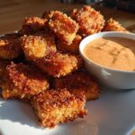 A pile of crispy, golden-brown Air Fryer Salmon Bites served next to a small white bowl of creamy orange Bang Bang Sauce.