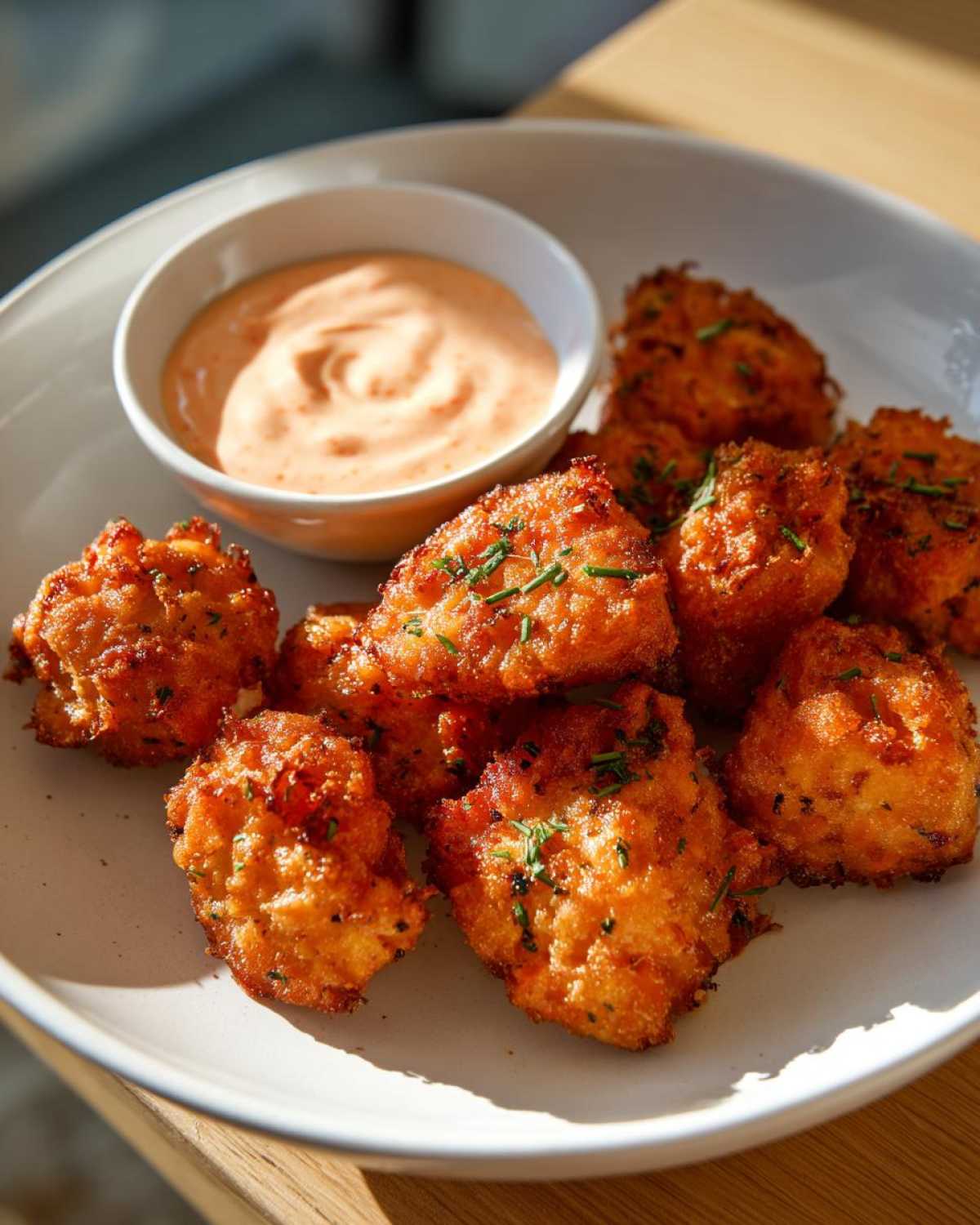 A plate of crispy, golden Air Fryer Salmon Bites served with a small bowl of creamy Bang Bang Sauce.