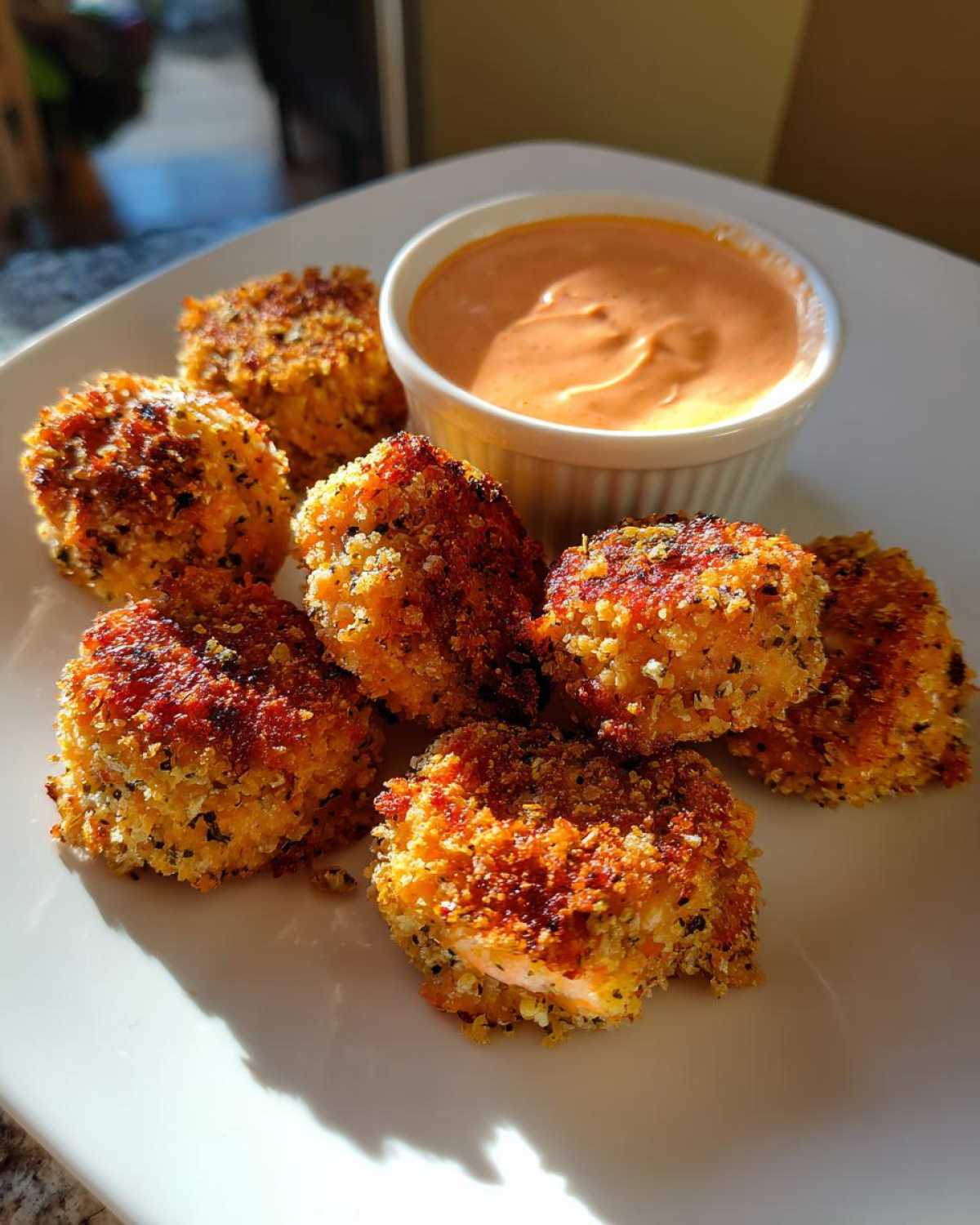 Several golden brown, crispy Air Fryer Salmon Bites arranged on a white plate next to a small ramekin of orange Bang Bang Sauce.