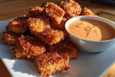 A pile of crispy, golden-brown Air Fryer Salmon Bites served next to a small white bowl of creamy orange Bang Bang Sauce.