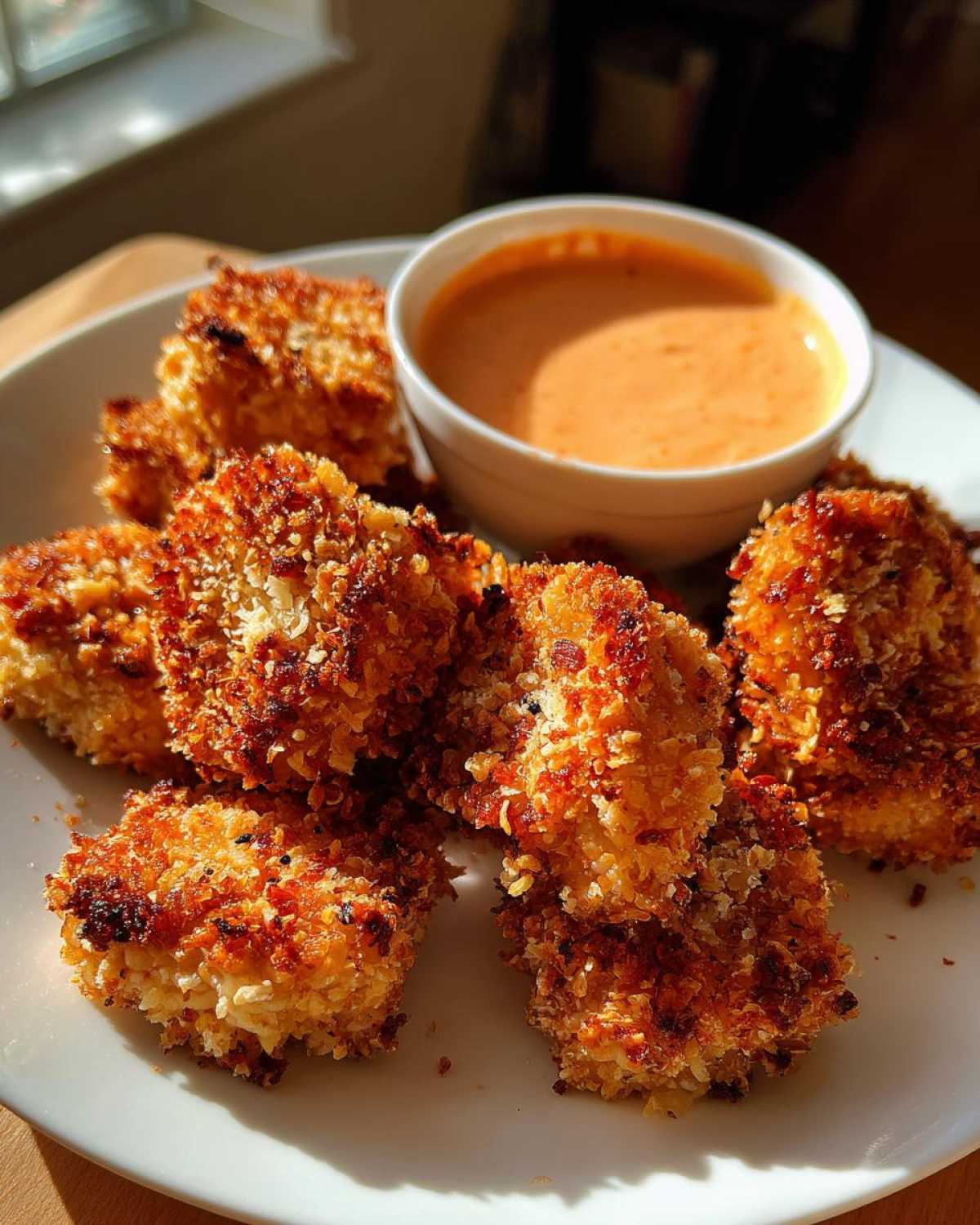 A plate of crispy, golden-brown Air Fryer Salmon Bites served with a small bowl of orange Bang Bang Sauce.