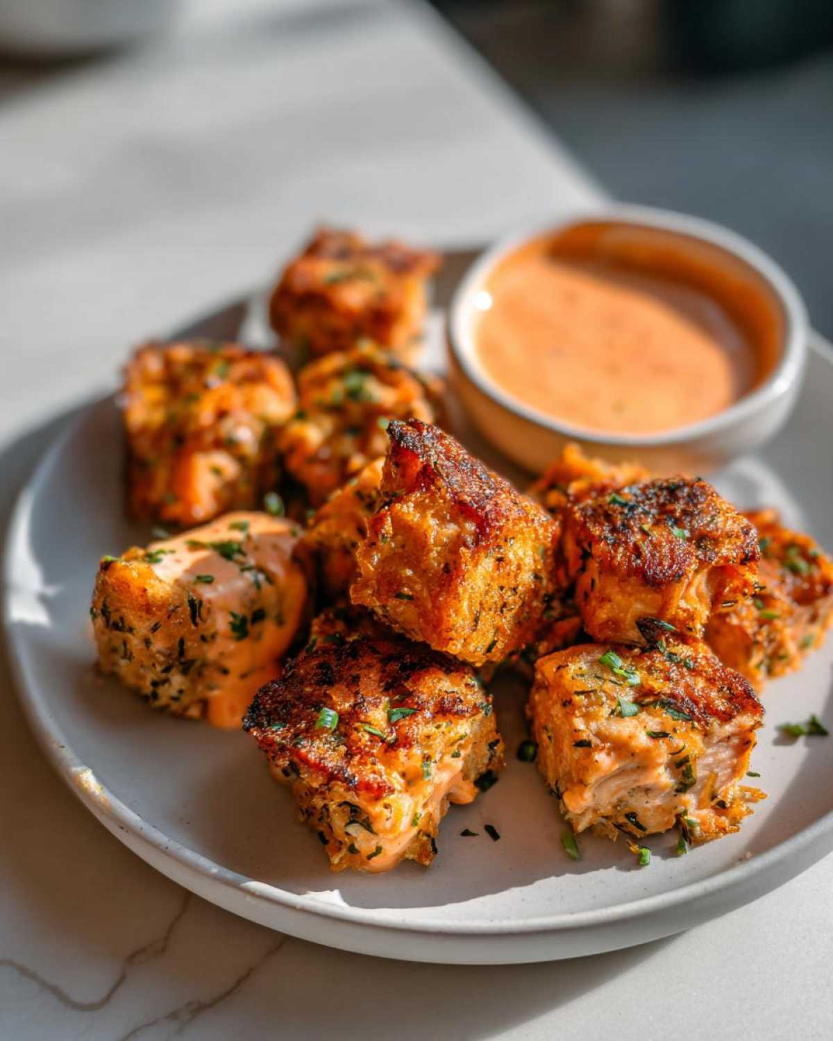 A plate of golden brown, crispy Air Fryer Salmon Bites drizzled with sauce and garnished with chives, next to a small bowl of Bang Bang Sauce.