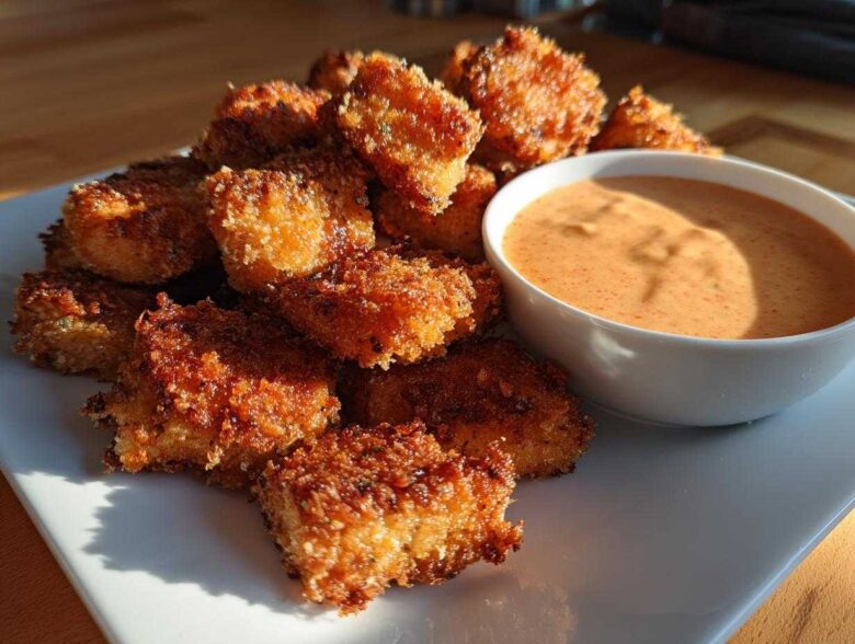 A pile of crispy, golden-brown Air Fryer Salmon Bites served next to a small white bowl of creamy orange Bang Bang Sauce.